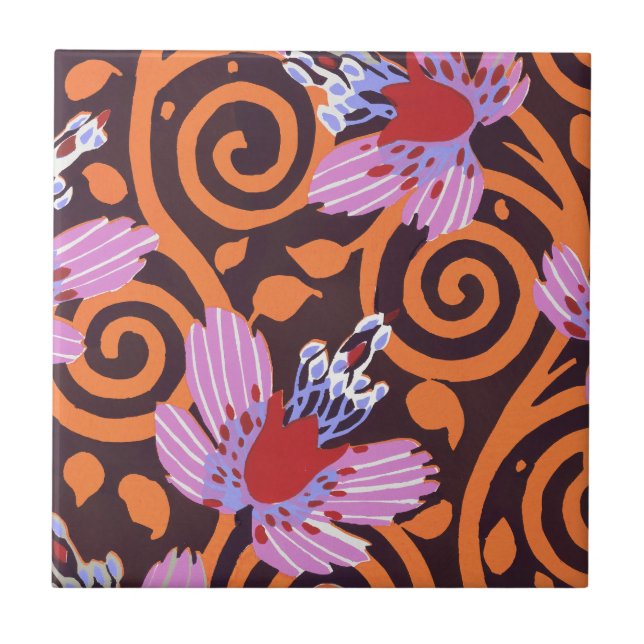 Vibrant Pink & Orange Swirl Art Deco Flower Tile (Front)