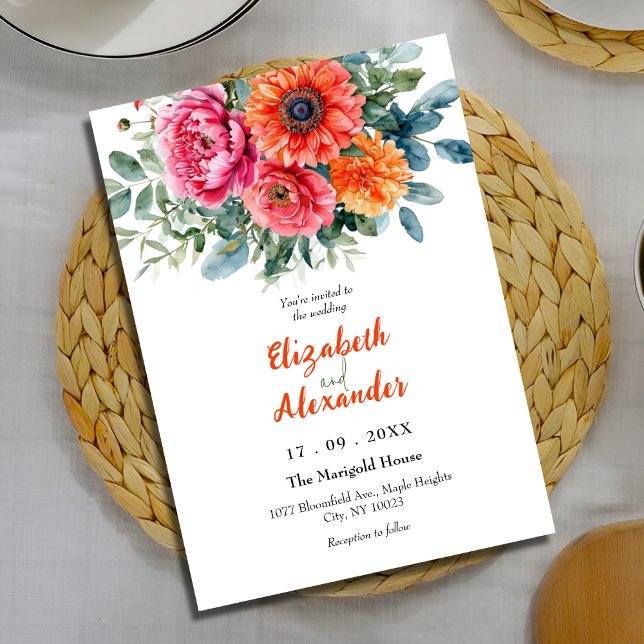 Vibrant Pink Orange Watercolor Floral Wedding Invitation (Creator Uploaded)