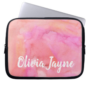 Vibrant Pink Orange Watercolor Name Personalised Laptop Sleeve