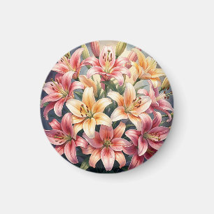 Vibrant Pink Orange White Lilies Watercolor Floral Magnet