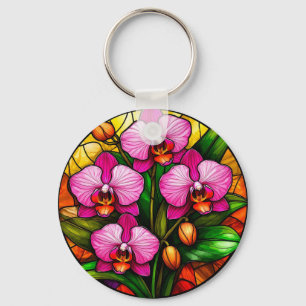 Vibrant Pink Orchids and Green Leaves Key Ring