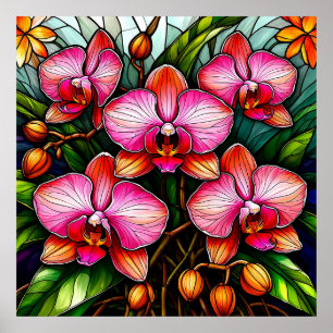 Vibrant Pink Orchids in Stained Glass Artwork Poster