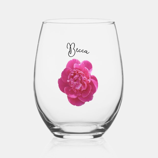 Vibrant Pink Peony Flower Personalised Stemless Wine Glass (Front)