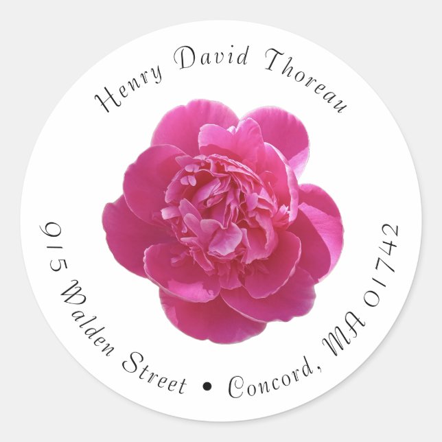 Vibrant Pink Peony Flower Round Address Labels (Front)