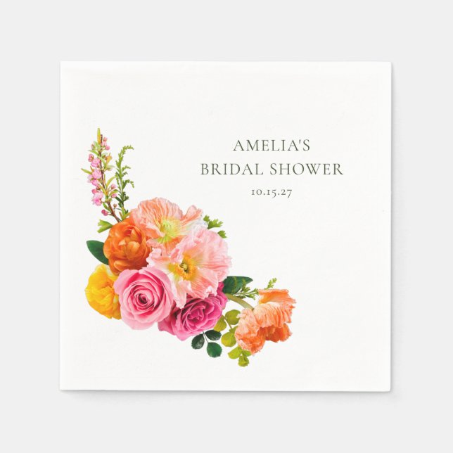 Vibrant Pink Poppies Floral Bloom Bridal Shower Napkin (Front)