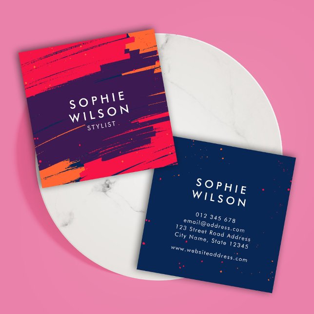 Vibrant Pink Purple Orange Modern Bold Strokes Square Business Card (Creator Uploaded)