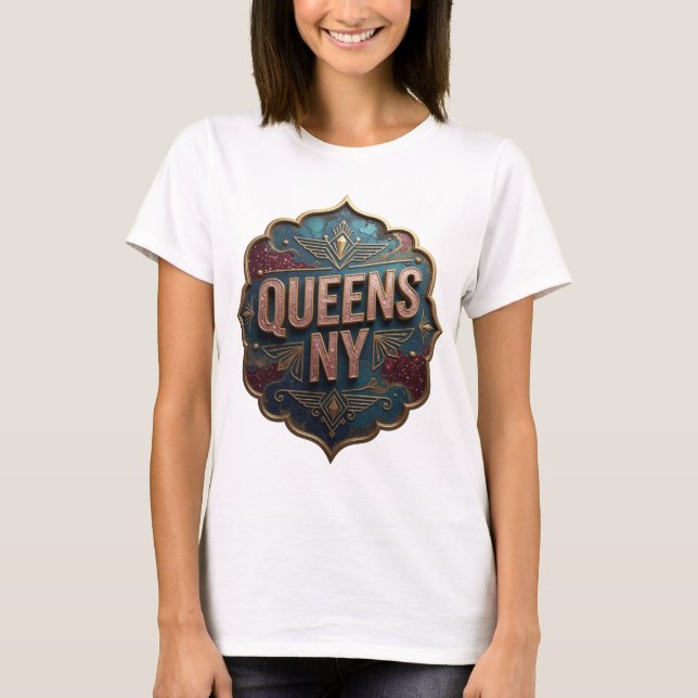 Vibrant Pink QUEENS NY 3D Text Art T-Shirt (Front)