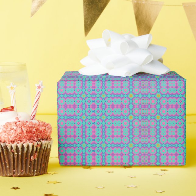 Vibrant Pink Rectangular Design on Blue Background Wrapping Paper (Birthday Party)