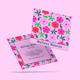 Vibrant Pink Retro Vintage Flowers Typography  Square Business Card
