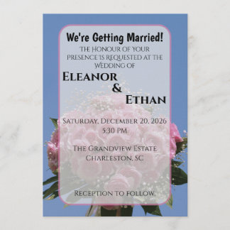 Vibrant Pink Rose Bouquet & Blue Sky Summer Invitation