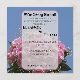 Vibrant Pink Rose Bouquet & Blue Sky Summer Invitation
