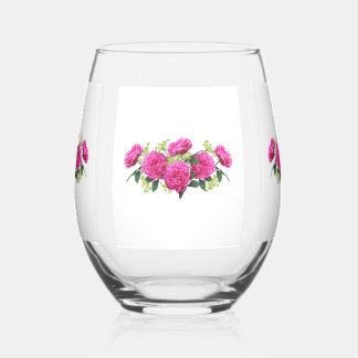 Vibrant Pink Rose Bouquet Botanical Stemless Wine  Glass
