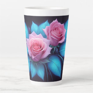 Vibrant Pink Roses and Radiant Blue Leave Latte Mug