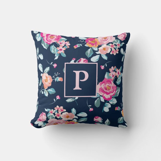Vibrant Pink Roses Floral Pattern Monogram Cushion (Front)