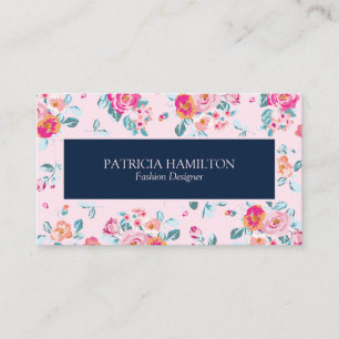 Vibrant Pink Roses Floral Pattern On Blush Business Card