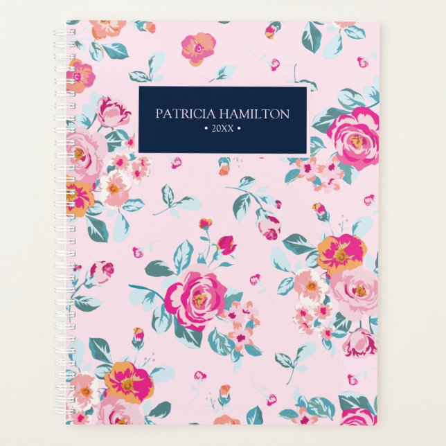 Vibrant Pink Roses Floral Pattern On Blush Planner (Front)