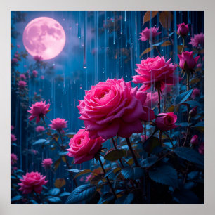 Vibrant Pink Roses in a Moonlit Rainy Garden Poster