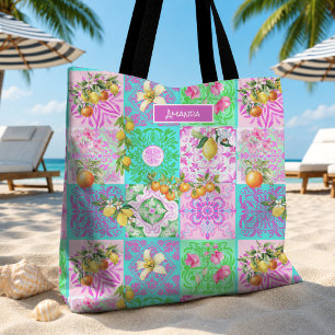 Vibrant Pink Sicilian Citrus Tile Floral Collage Tote Bag