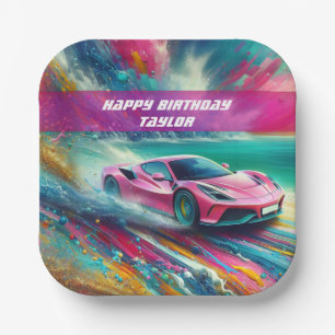 Vibrant Pink Sportscar on a Tropical Beach Paper Plate