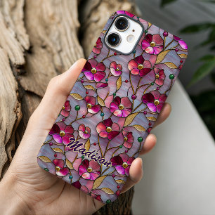 Vibrant Pink Stained Glass Botanical Flowers iPhone 16 Case