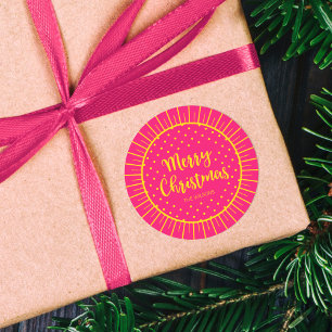 Vibrant Pink Starburst Script Merry Christmas Classic Round Sticker