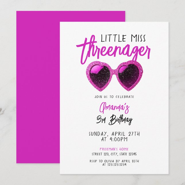 Vibrant Pink Sunglasses Threenager 3rd Birthday Invitation (Front/Back)