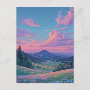 Vibrant Pink Sunset Over Mountain Meadow Postcard