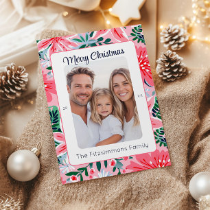 Vibrant Pink Tropical Christmas Floral Photo Holiday Card