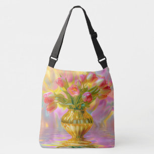 Vibrant Pink Tulips in Golden Vase Crossbody Bag