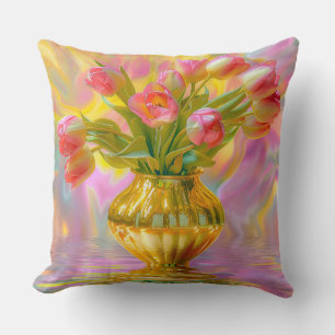Vibrant Pink Tulips in Golden Vase Cushion