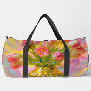 Vibrant Pink Tulips in Golden Vase Duffle Bag