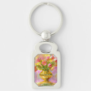 Vibrant Pink Tulips in Golden Vase Key Ring