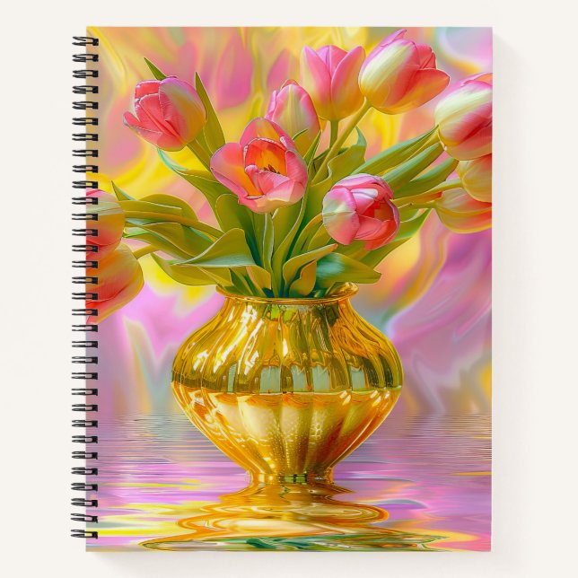 Vibrant Pink Tulips in Golden Vase Notebook (Front)
