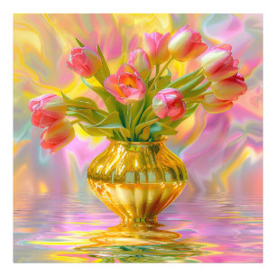 Vibrant Pink Tulips in Golden Vase Photo Print
