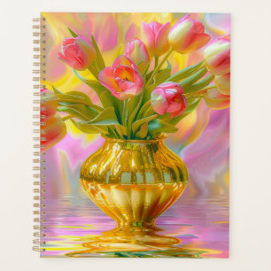 Vibrant Pink Tulips in Golden Vase Planner