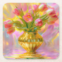 Vibrant Pink Tulips in Golden Vase