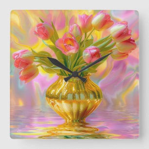 Vibrant Pink Tulips in Golden Vase Square Wall Clock
