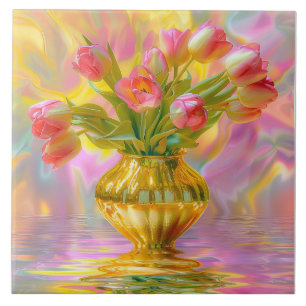 Vibrant Pink Tulips in Golden Vase Tile