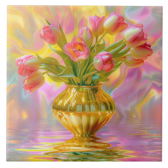 Vibrant Pink Tulips in Golden Vase Tile (Front)
