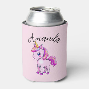 Vibrant Pink Unicorn Girl Name Can Cooler