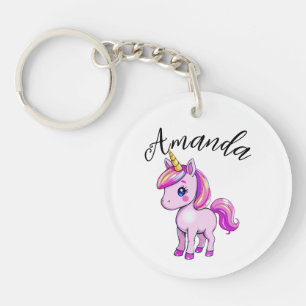 Vibrant Pink Unicorn Girl Name Key Ring