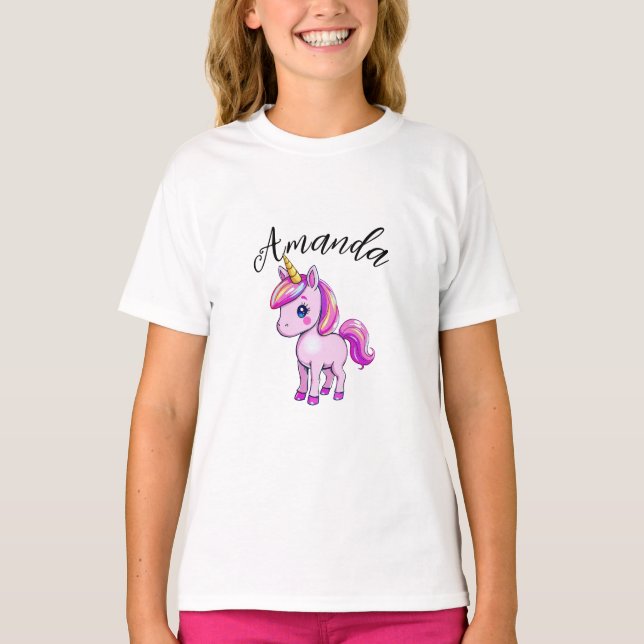 Vibrant Pink Unicorn Girl Name T-Shirt (Front)