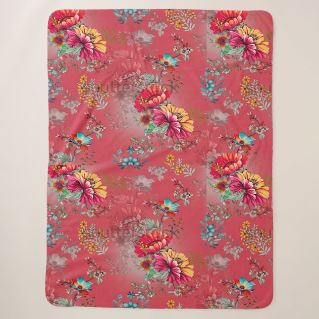 Vibrant Pink Vintage Floral Pattern Sherpa Blanket (Front)