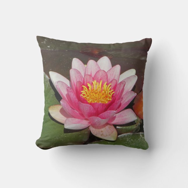 Vibrant Pink Water Lily with Lily Pads Photograph Cushion (Front)