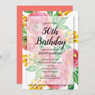 Vibrant Pink Watercolor Floral Birthday Invitation