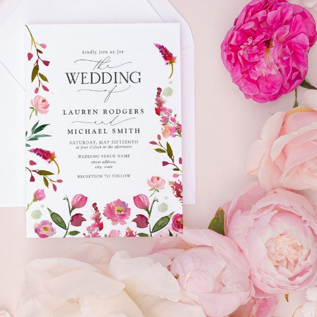 Vibrant Pink Watercolor Floral Garden Wedding Invitation (Vibrant Pink Wedding Invitation!)