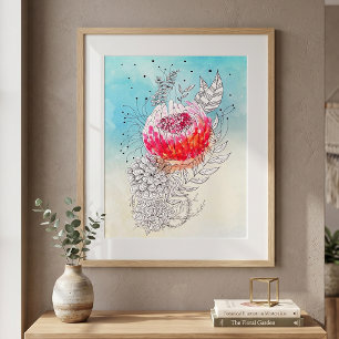 Vibrant Pink Watercolor Floral Ink Doodle Art Poster