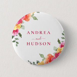 Vibrant Pink Watercolor Floral Wedding 6 Cm Round Badge