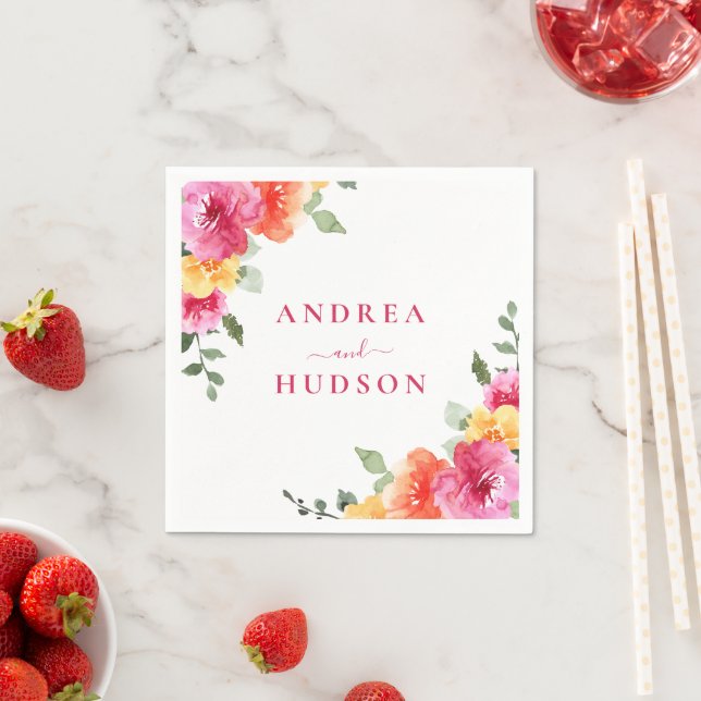 Vibrant Pink Watercolor Floral Wedding Napkin (Insitu)