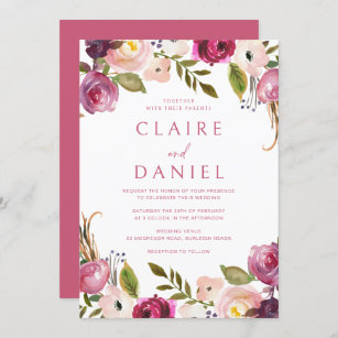 Vibrant Pink Watercolor Floral Wreath Wedding Invitation